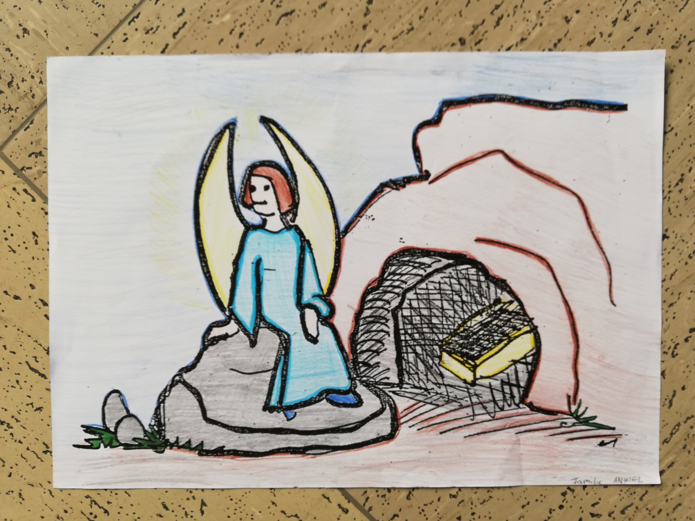 20. Jesus ist auferstanden, das Grab ist leer, ein Engel sitzt auf dem Stein. 